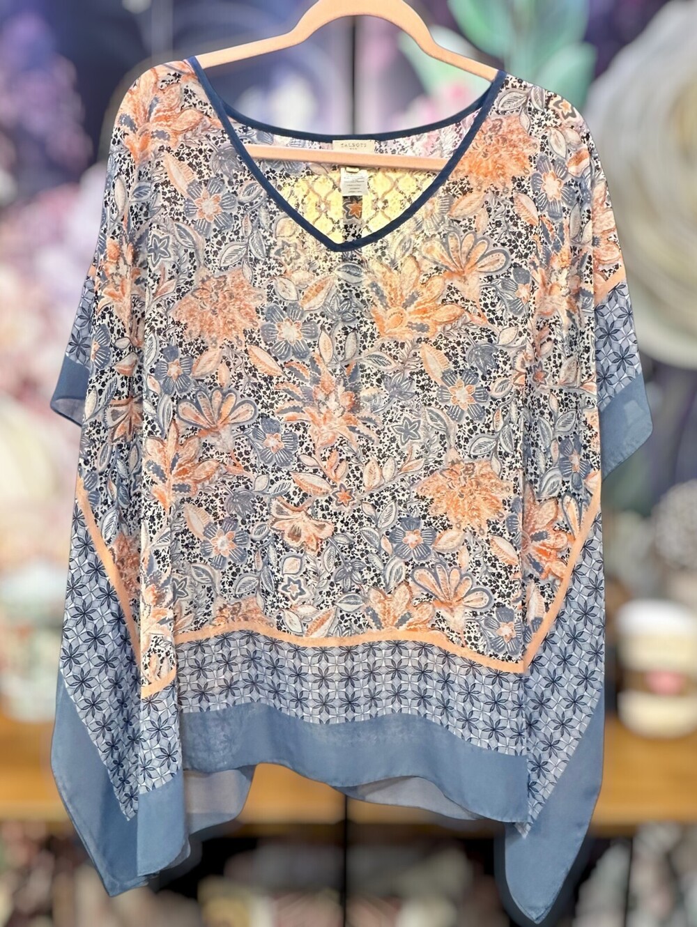 Talbots L/XL Poncho Top Boho Coastal Artsy Floral Border Print V Neck Blue Peach